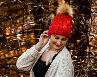 Crochet Ribbed Beanie with Faux Fur Pompom