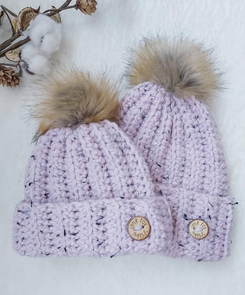 Tweed Harlow Beanie // Crochet Ribbed Beanie // Crochet Pompom Hat // Fold Up Brim Hat image 2