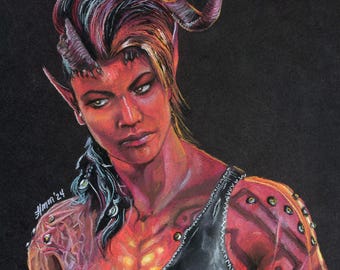 Fantasy Video Game Tiefling Barbarian- Painting -- 11x14 Art Print