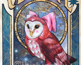 Zodiac - Owl - Celeste - Animal - Xing - Watercolor - 11x14&quot; Art Print