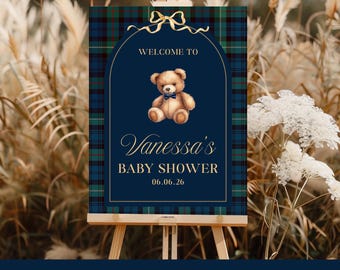 PRINTED Classic Teddy Bear Baby Shower Welcome Sign | Preppy Plaid Baby Shower Decor  | Vintage Polo Baby Shower Theme | BB34A