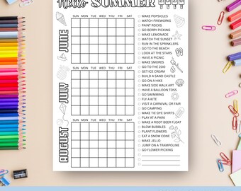 Downloadable 2026 Summer Bucket List Calendar | Kid's Creative Fun Coloring Activity | Black and White Colorable To Do List |