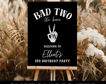 PRINTED Bad Two the Bone Birthday Sign | 2nd Birthday Party Welcome Poster for Boy | Black Halloween Skeleton Party Decor |  BDB201B