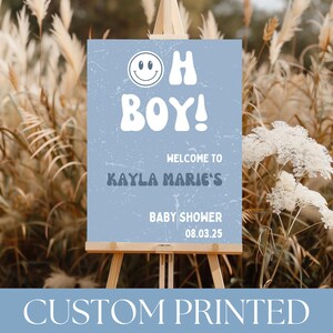 PRINTED Baby Shower Welcome Sign | Oh Boy Retro Theme | Smiley Face Little Dude Baby Shower Decor | Baby Boy | BB03B