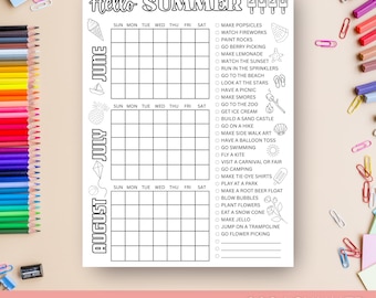 PRINTED 2026 Summer Bucket List Calendar | Kid's Creative Fun Coloring Activity | Black and White Colorable To Do List | Next Day Shipping