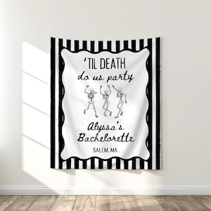 PRINTED &#39;Til Death Do Us Party Bachelorette Party Welcome Tapestry | Spooky Halloween Decor for Bach Party | Custom Printed | BP21A