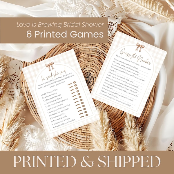 PRINTED Love Is Brewing Bridal Shower Games, Custom 6 Wedding Shower Games, He Said She Said, Bridal Bingo, Coffee Themed Shower BS07C