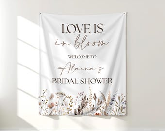 PRINTED Love is in Bloom Bridal Shower Tapestry |  Wildflower Banner for Bridal Shower | Floral Wedding Shower Backdrop | BS09