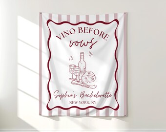 Tapiz impreso para despedida de soltera "Vino antes de los votos" / Fondo con temática de vino / Pancarta personalizada para despedida de soltera / Bach italiano / BP09A