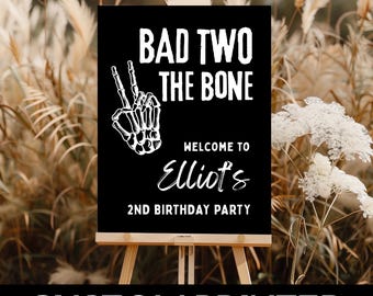 PRINTED Bad Two the Bone Birthday Sign | 2nd Birthday Party Welcome Poster for Boy | Black Halloween Skeleton Party Decor |  BDB201A