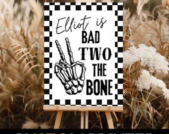 PRINTED Bad Two the Bone Birthday Sign | 2nd Birthday Party Welcome Poster for Boy | Black Halloween Skeleton Party Decor |  BDB201E