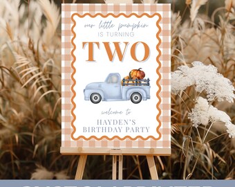 PRINTED Our Little Pumpkin is turning Two Birthday Sign | 2nd Birthday Party Welcome Poster for Boy | Pumpkin Party Decor | BDB204C