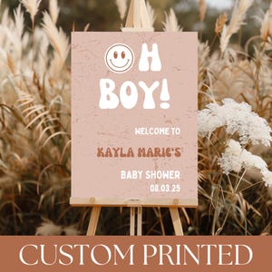 PRINTED Baby Shower Welcome Sign | Oh Boy Retro Theme | Smiley Face Little Dude Baby Shower Decor | Baby Boy | BB03J