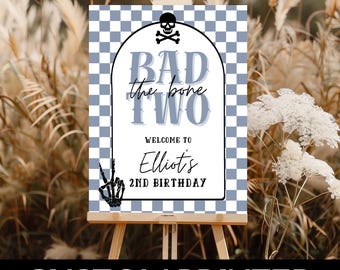 PRINTED Bad Two the Bone Birthday Sign | 2nd Birthday Party Welcome Poster for Boy | Black Halloween Skeleton Party Decor |  BDB201C