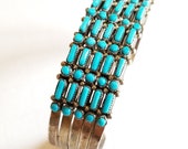 Vintage 5 Row Dot and Dash Sterling Silver and Turquoise Cuff Bracelet Zuni Native American Petit Needle Point 55 Stones