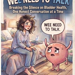 May include: A book cover titled WEE NEED TO TALK: Breaking the Silence on Bladder Health, One Honest Conversation at a Time. It features an illustration of a person in pyjamas sitting on a bed and a cartoon bladder character saying WEE NEED TO TALK.
