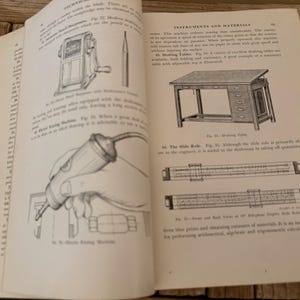 May include: Open book with illustrations of drafting tools and a drafting table. The page features detailed drawings of a pencil sharpener, a drawing machine, and a slide rule, all in black and white.