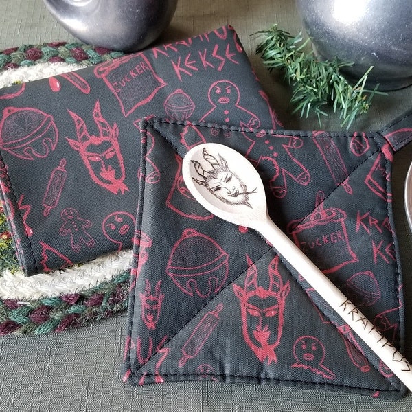 Krampus Tea Towel, Pot Holder and Wooden Spoon - Krampus Nacht Gingerbread Cookies German Baking - Yule Christmas Heathen Pagan Kitchen