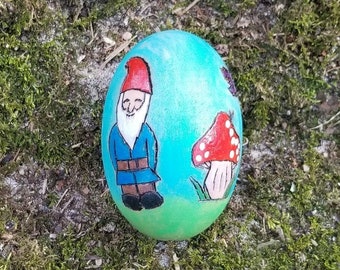 Gnome, Toadstool, Bunny, and Daffodil Ostara "Easter" Egg - Wooden Wood Burned - Nature - Wooden Easter Egg - Ostara Altar