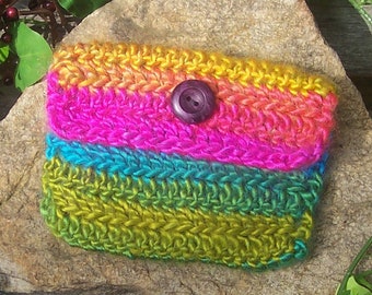 Variegated Rainbow Crochet Button Pouch - Crochet Bag Coin Purse Makeup Bag Pouch - Handmade - Essential Oils - Gift Card Holder