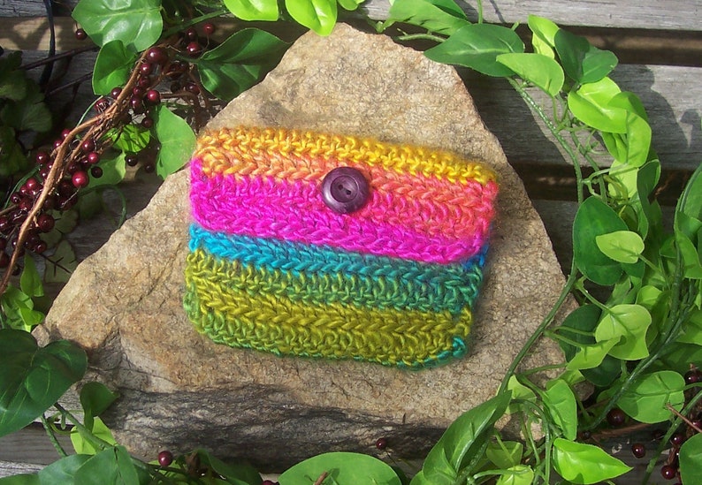 Variegated Rainbow Crochet Button Pouch Crochet Bag Coin Purse Makeup Bag Pouch Handmade Essential Oils Gift Card Holder image 1