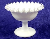 Fenton Silver Crest Footed Compote Bowl Milk Glass Clear Crimped Ruffled Edge