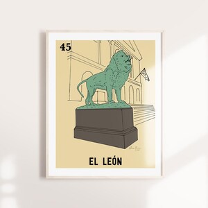 May include: A framed art print featuring a green lion statue atop a dark gray pedestal, set against a beige background. The number "45" is in the upper left corner, and the words "EL LEÓN" are at the bottom.