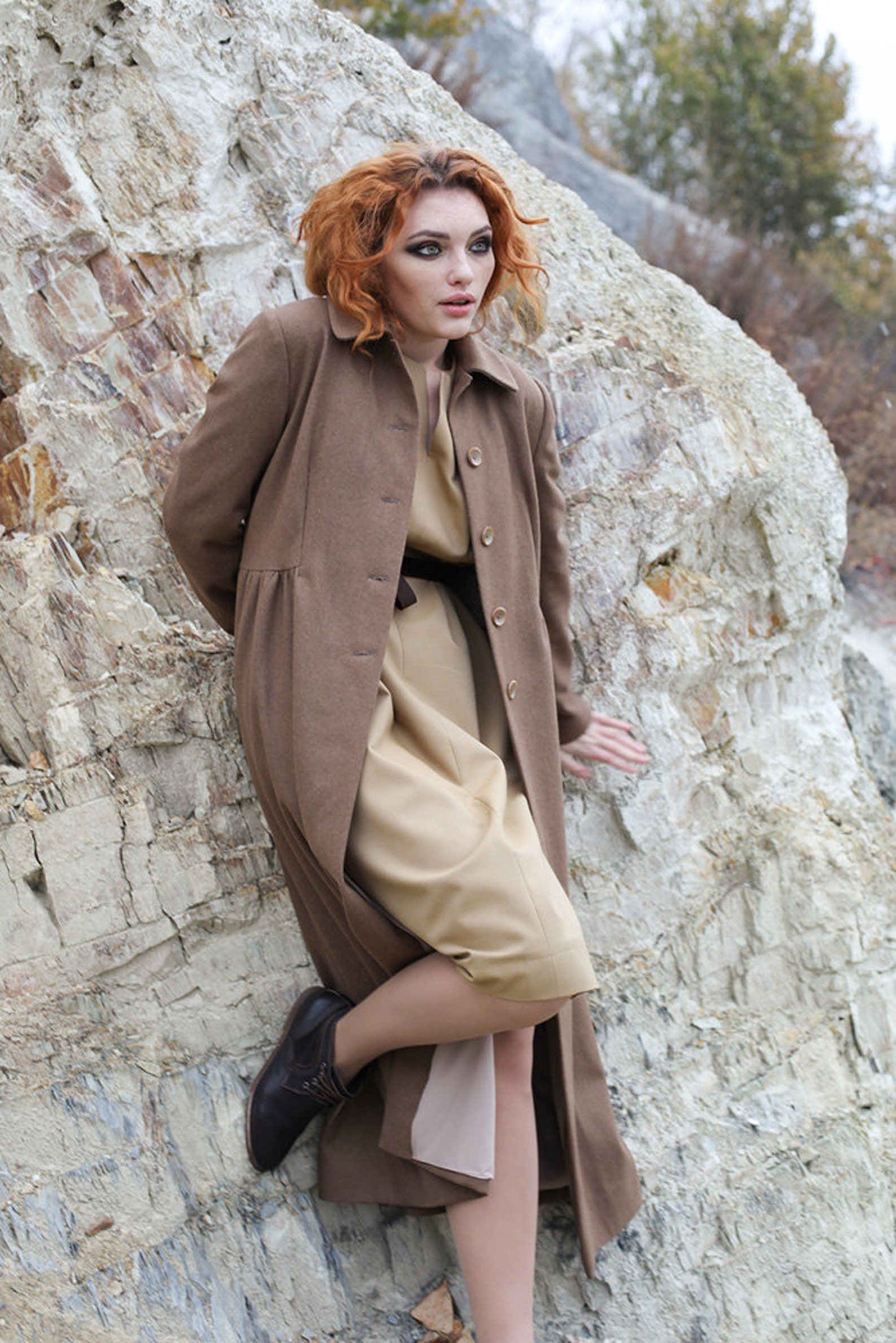 Autumn brown coat dress coat long classic coat woman wool Etsy