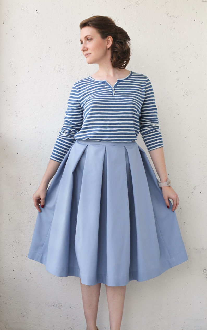 Light blue midi pleated skirt tea length skirt full skirt