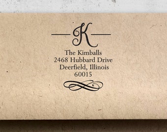 Return Address Stamp, Script Initial Return Address Stamp, Self-Inking Stamp, Wood Stamp with Handle, Elegant Scroll Address Stamp