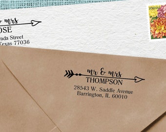 Return Address Stamp // Mr & Mrs Address Stamp // Self-Inking Stamp // Wood Stamp with Handle // Arrow Stamp