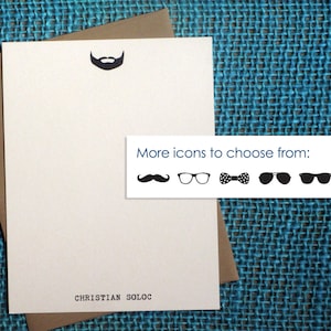 May include: A white card with a brown envelope. The card has a black beard icon at the top and the text "CHRISTIAN SOLOC" at the bottom. The card also has a white banner with the text "More icons to choose from:" and five icons: a mustache, glasses, a bow tie, sunglasses, and eyeglasses.