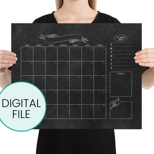 Printable Monthly Calendar, Chalkboard Calendar, Monthly Wall Calendar, Command Center, Blank Monthly Calendar, Dry Erase Wall Calendar image 1
