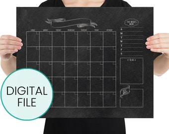 Printable Monthly Calendar, Chalkboard Calendar, Monthly Wall Calendar, Command Center, Blank Monthly Calendar, Dry Erase Wall Calendar