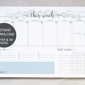 Printable Weekly Calendar, Weekly Agenda, Printable Weekly To-Do List, Habit Tracker, Goal Tracker, Printable To Do List