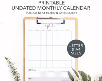 Monthly Printable Calendar, Printable Undated Monthly Calendar, 2023 Calendar, Monthly Fill-In Calendar, Habit Tracker