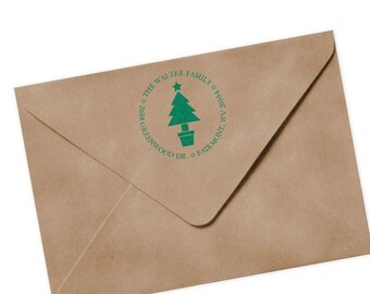 Return Address Stamp: Christmas Tree Holiday Design (Self-Inking or Wood)
