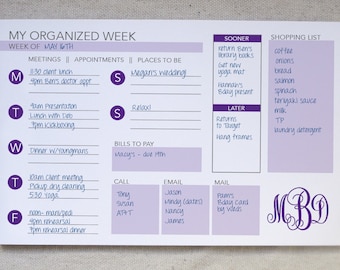 Weekly Organizer Notepad // To-Do List // Monogrammed Weekly Planner // Desk Pad // Monogrammed To-Do // Agenda Notepad // Weekly Calendar