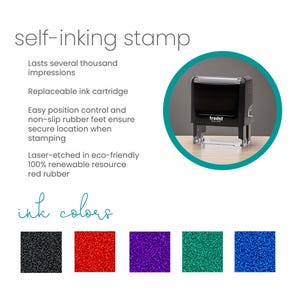 The image is a product advertisement for a self-inking stamp. It features a black stamp with a replaceable ink cartridge, easy position control, non-slip rubber feet, and a laser-etched design. The stamp is also described as eco-friendly, using 100% renewable resources for its red rubber. The image includes a color swatch of the stamp in various colors, including black, red, purple, green, and blue.
