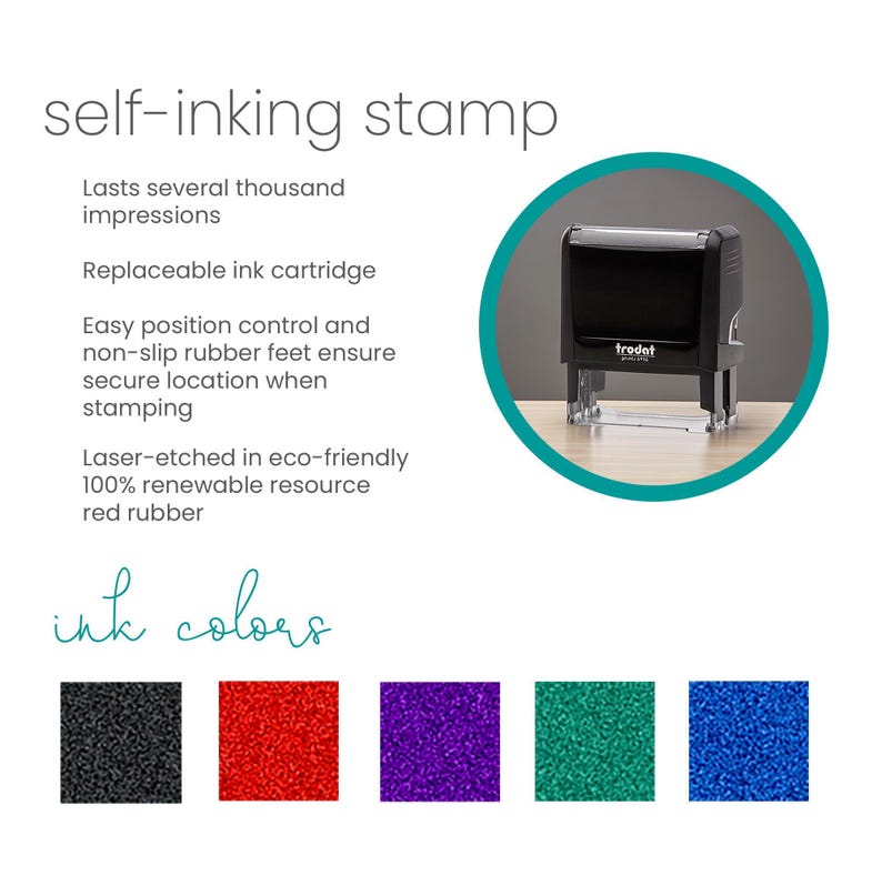 The image is a product advertisement for a self-inking stamp. It features a black stamp with a replaceable ink cartridge, easy position control, non-slip rubber feet, and a laser-etched design. The stamp is also described as eco-friendly, using 100% renewable resources for its red rubber. The image includes a color swatch of the stamp in various colors, including black, red, purple, green, and blue.