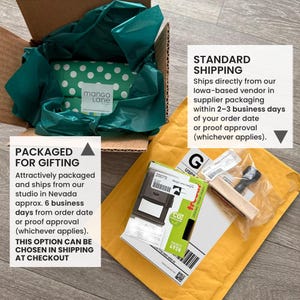 a gift box with a green and white polka dot design, a yellow envelope, and a brown envelope with a stamp. The text on the image provides information about the shipping options for the gift items.