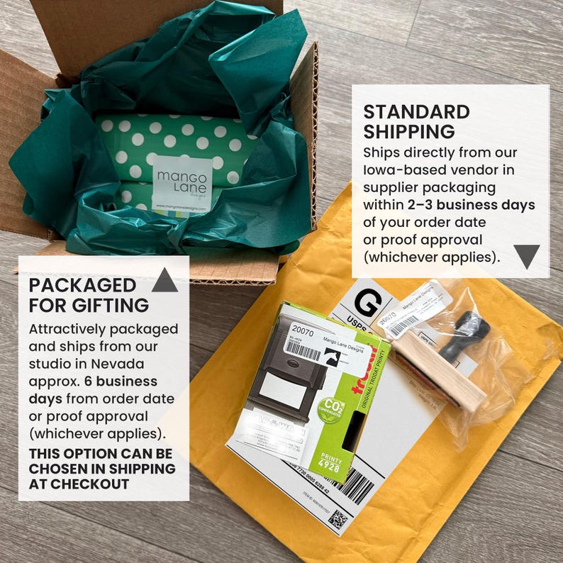 a gift box with a green and white polka dot design, a yellow envelope, and a brown envelope with a stamp. The text on the image provides information about the shipping options for the gift items.