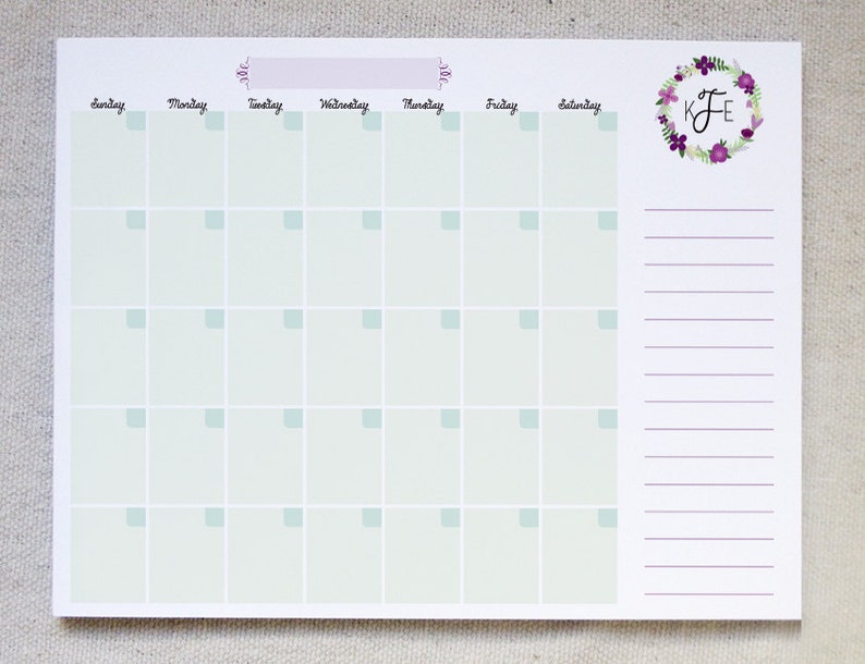 Monthly Calendar Notepad // Monogrammed Monthly Calendar // Etsy