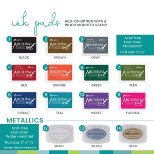 The image is a collection of 12 different colored ink pads, each with a unique design and size, arranged in a grid format.