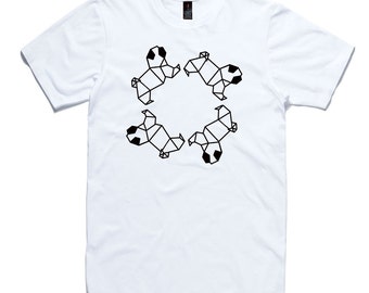 Chasing Pugs Origami T-Shirt by RockPaperHeart in black or white pug dog mens and womens