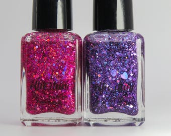 Valentine's Day Duo - XOXO & Atomic Purple - Holographic Glitter Heart Shaped Indie Vegan Nail Polish