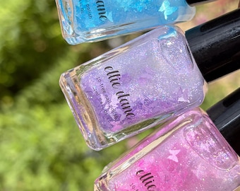 Butterfly Trio - Iridescent Purple, Blue, and Pink Shimmer Butterfly Glitter Indie Vegan Nail Polish Set