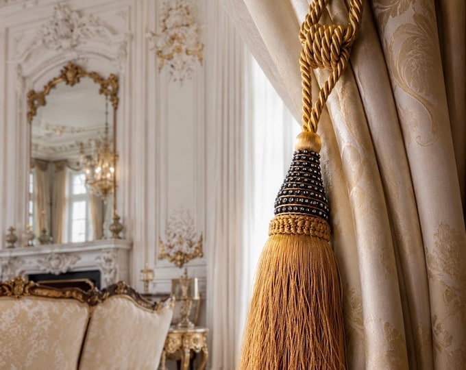 Amber Gold and Black with Crystal Rhinestones – Elegant Curtain Tieback with Luxury Tassel 70 cm