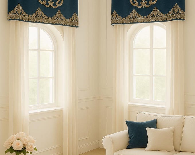 Petrol Blue Velvet Valance, Elegant Neoclassical Style. Handmade in Italy.