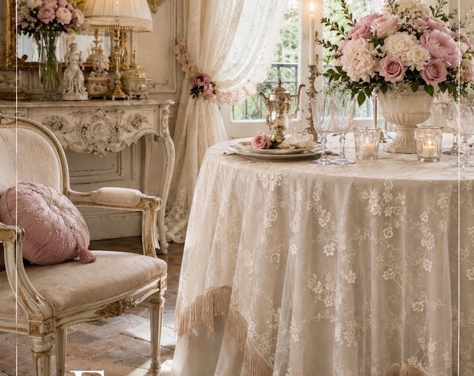 Embroidered tulle stole with fringe – Decorative bed cover, table cover and sofa cover – One-of-a-kind piece 280 x 200 cm
